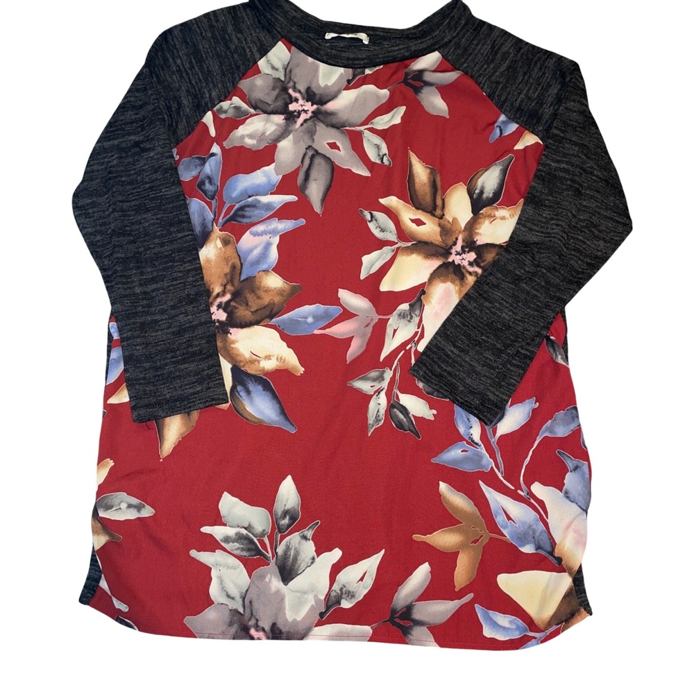 Eloges Floral Raglan Top Long Sleeve Burgundy Black Casual Tunic Shirt